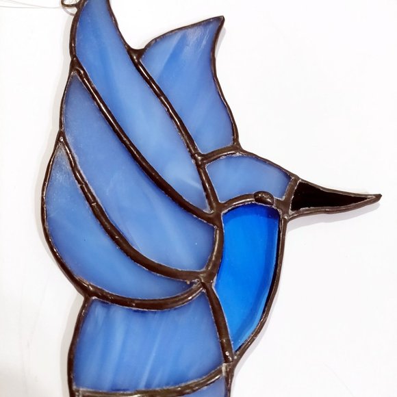 Vintage Stained Glass Sun Catcher Set 2 Hummingbird Iris Blue Violet Purple Hand - Picture 5 of 10